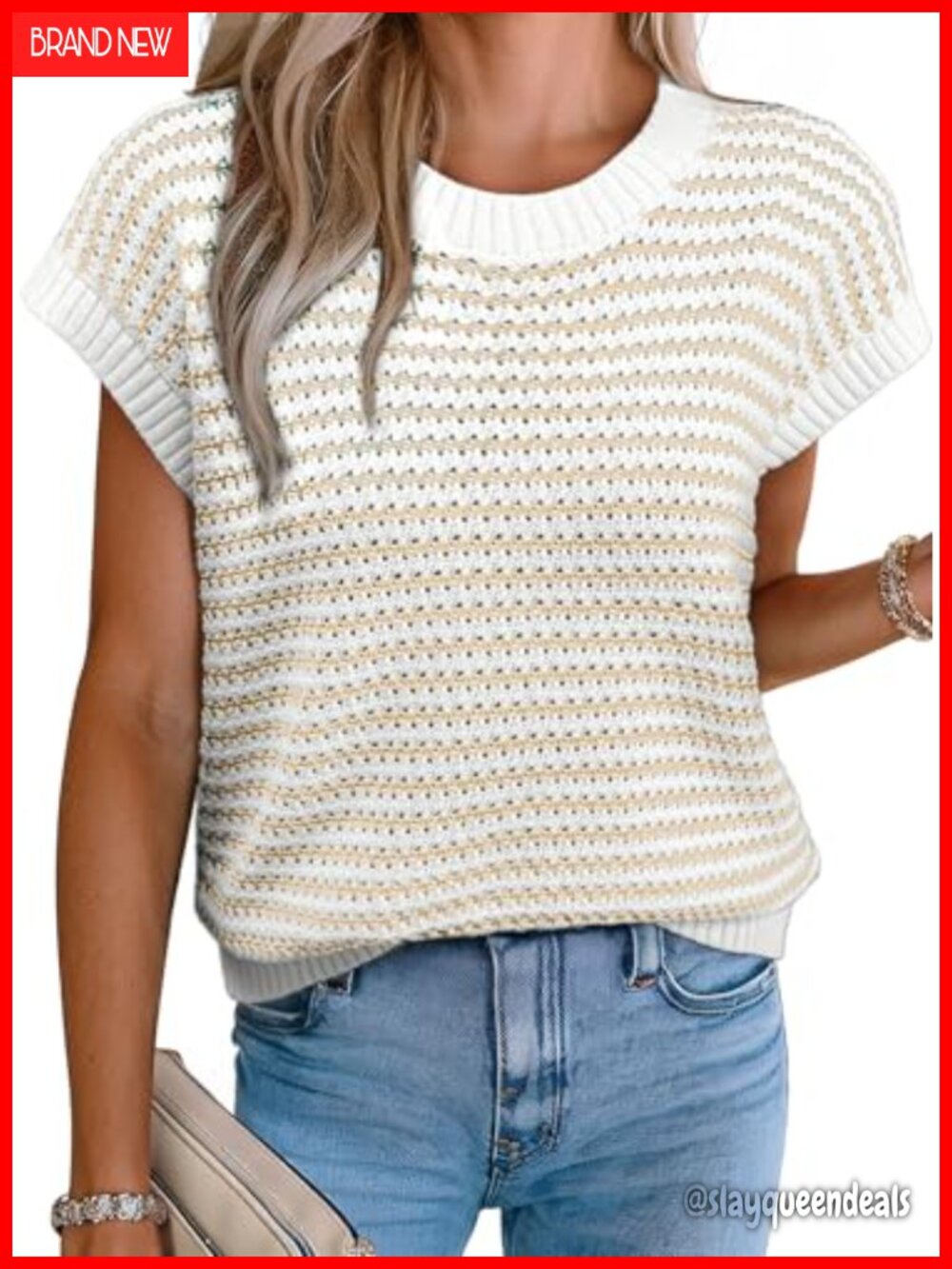 Striped Cap Sleeve Sweater Vest Crew Neck Ribbed Knit Layering Top